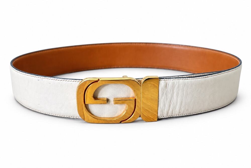 Vintage Gucci Reversible Leather Belt White/Brown GG Interlocking Authentic